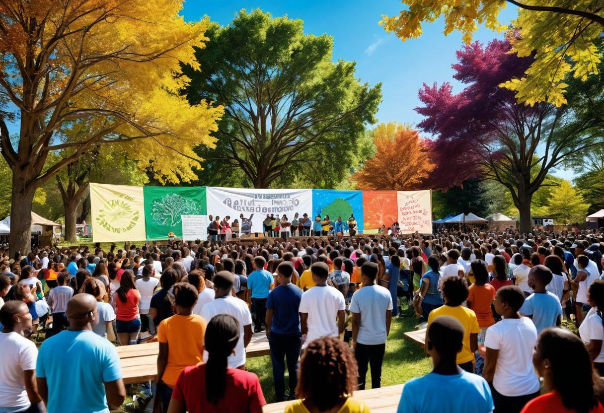 A vibrant community gathering, filled with diverse individuals participating in various empowerment programs, such as workshops and discussions. Include elements of activism like banners and murals that promote unity and change. Show an atmosphere of enthusiasm and collaboration, with a backdrop of trees and a sunny sky symbolizing growth. super-realistic. vibrant colors. 3D.