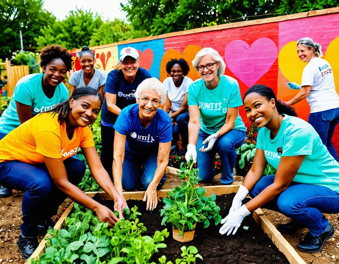 A diverse group of volunteers working together in a vibrant community garden, planting flowers and vegetables, while smiling and engaging with local residents. In the background, a mural depicting unity and support, showcasing hands intertwined and hearts. The scene is filled with bright colors, warmth, and an inviting atmosphere, symbolizing the revitalization of local societies through collective effort. super-realistic. vibrant colors. community-focused.