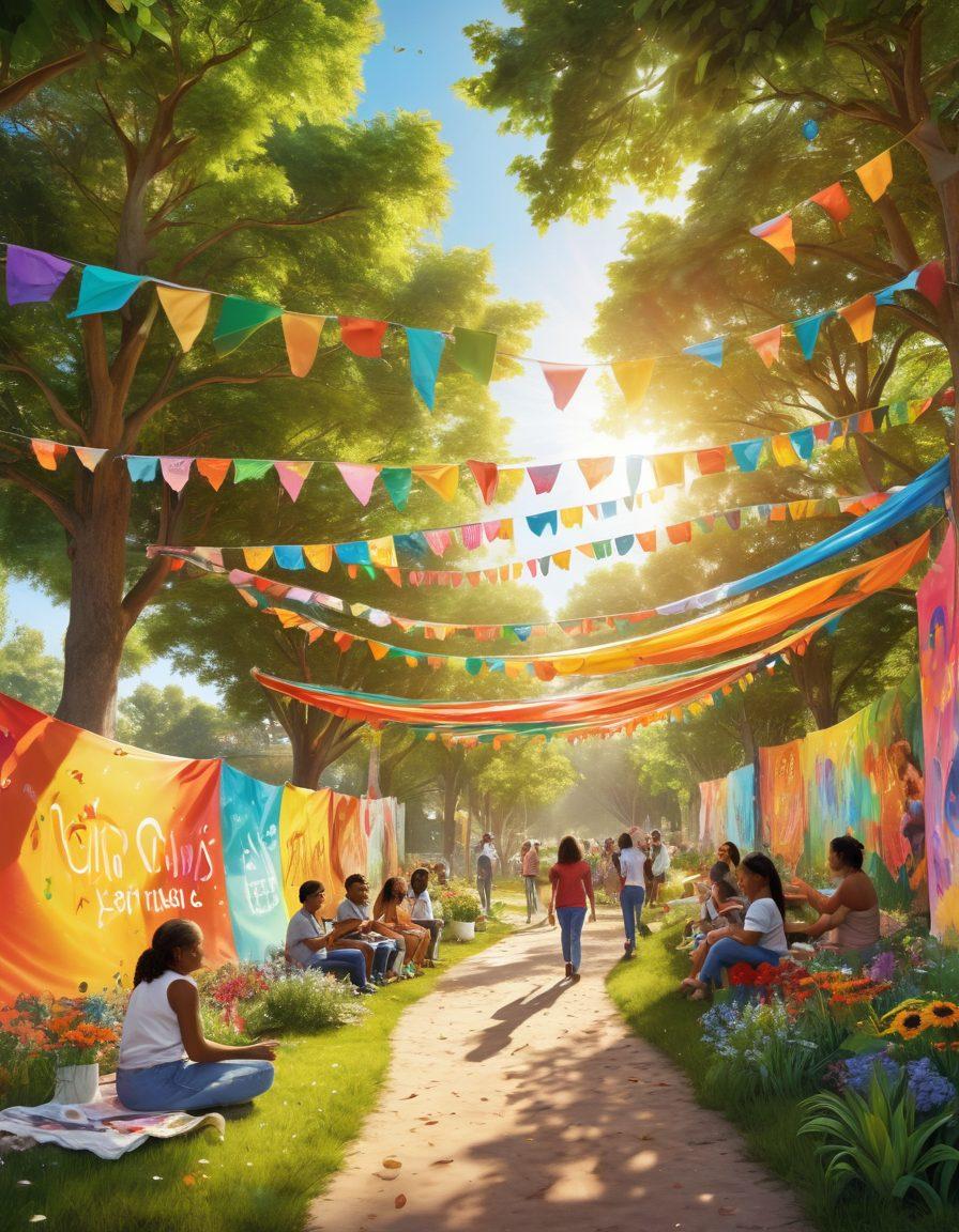 A vibrant community gathering in a lush park with diverse children and adults engaged in various activities like gardening, painting murals, and sharing stories. In the background, colorful banners displaying community initiative slogans flutter in the breeze. Warm sunlight filters through the trees, casting a feeling of hope and togetherness. super-realistic. vibrant colors. 3D.